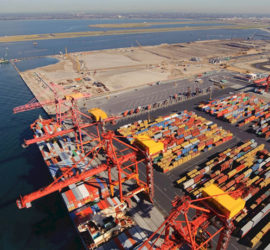 A shipping yard with containers and cranes