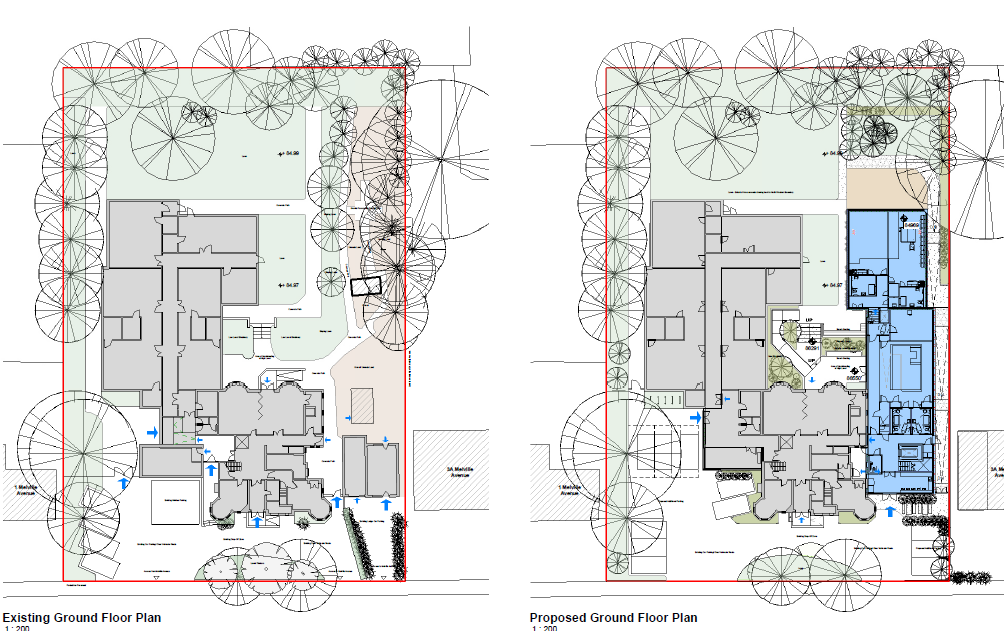 Architectural layout plans showing the existing and proposed extension of ground floor swimming pool