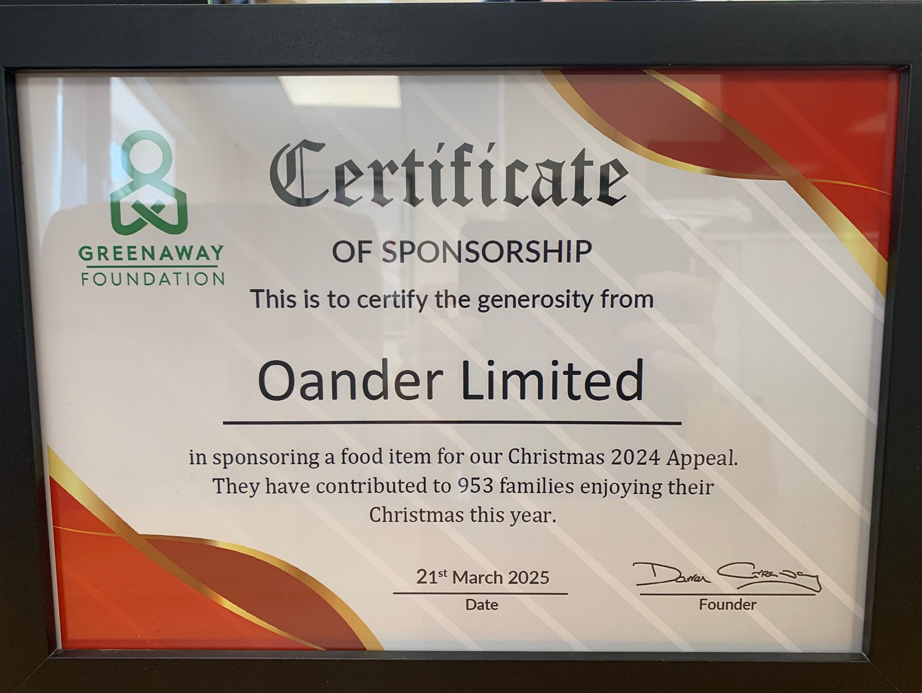 certificate for oander charitable foundation