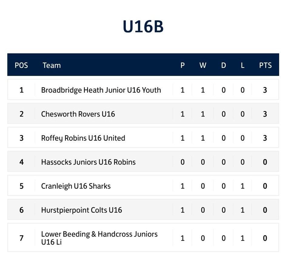 Horsham & District Youth League Under 16 table after week 1 season 25/26